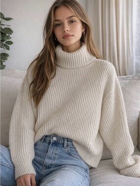 Brandy Melville Cream Ribbed Turtleneck Sweater